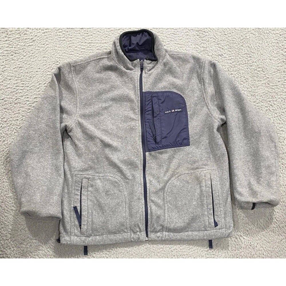 Polo Sport Ralph Lauren Jacket Mens Small Gray Navy Reversible Fleece Nylon Zip